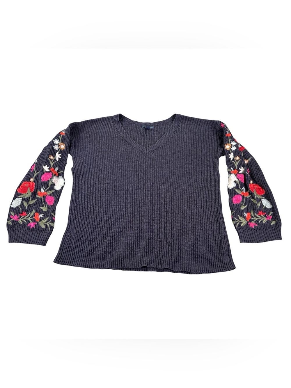 American Eagle Floral Embroidered Sleeve Sweater Women’s M Purple V-Neck Ribbed